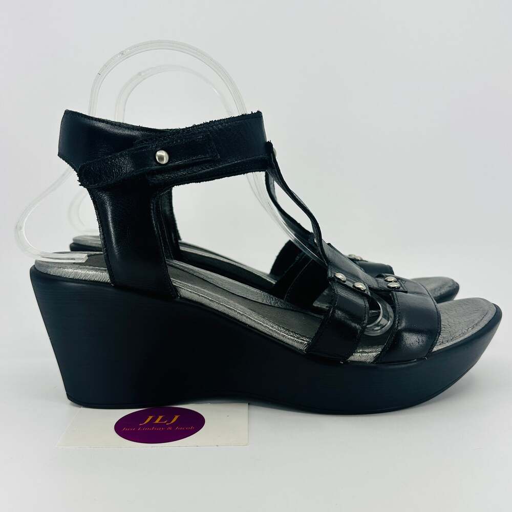 Naot Women's Flirt Black Leather T-Strap Wedge Sandals Size 41 EU/ 10-10.5 US